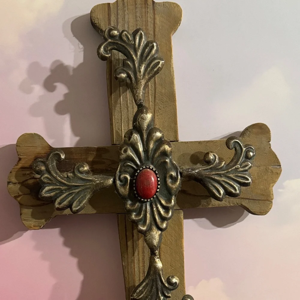 Rustic Wooden Cross with Golden Accents and Red Gem